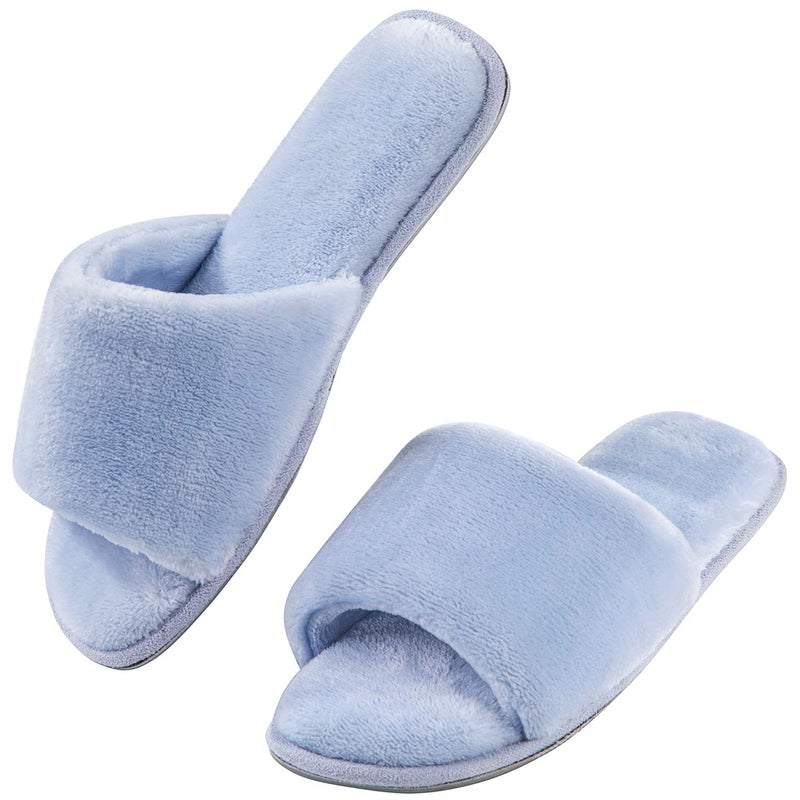 DL Open Toe Slippers for women Indoor, Cozy Memory Foam Womens House Slippers Summer Slip On, Comfy Soft Flannel Womens Bedroom Slippers Slide Breathable Size 7-8 Blue - Image 1